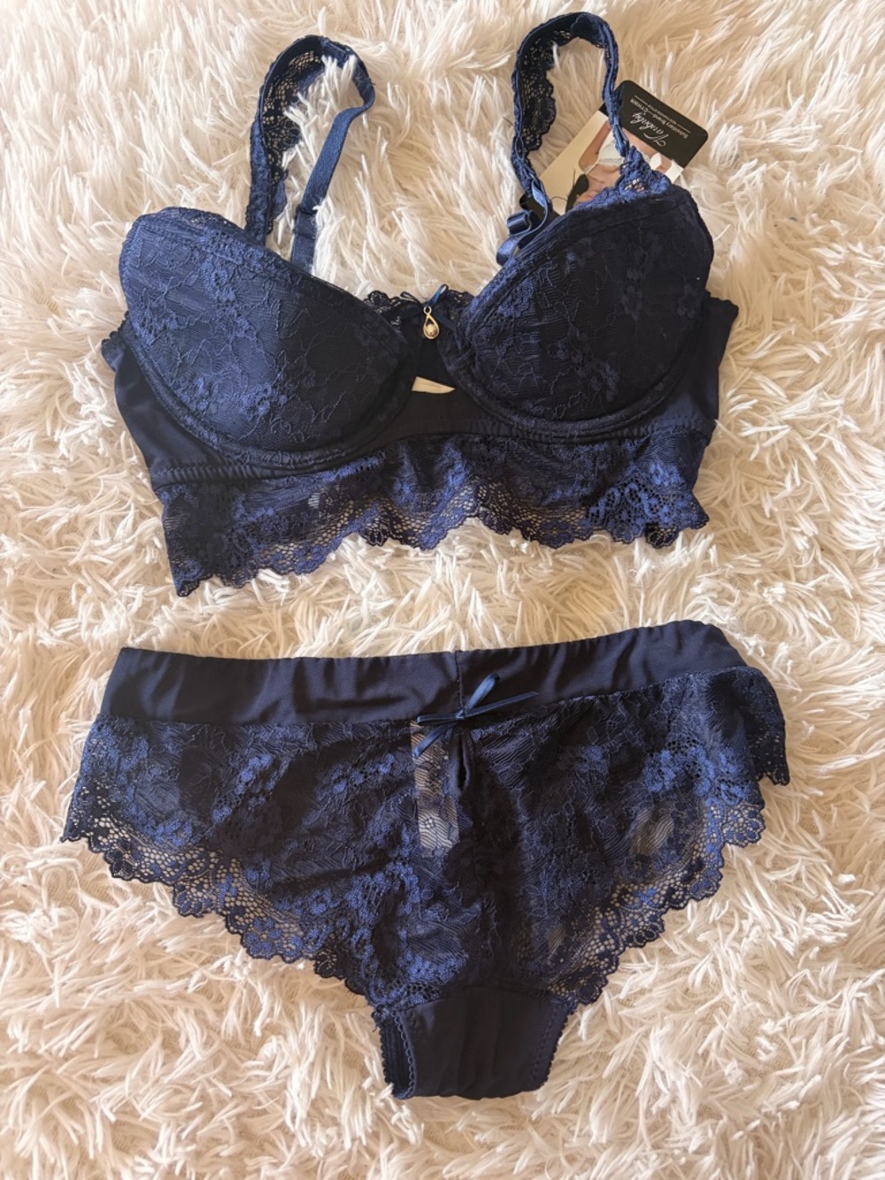 Lace Underwire Bra & Lace Brief Set in Navy